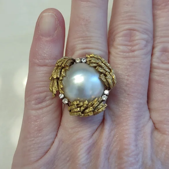 Mabe pearl 18kt Yellow Gold Ring, diamonds, estate Ring vintage - Picture 2 of 16